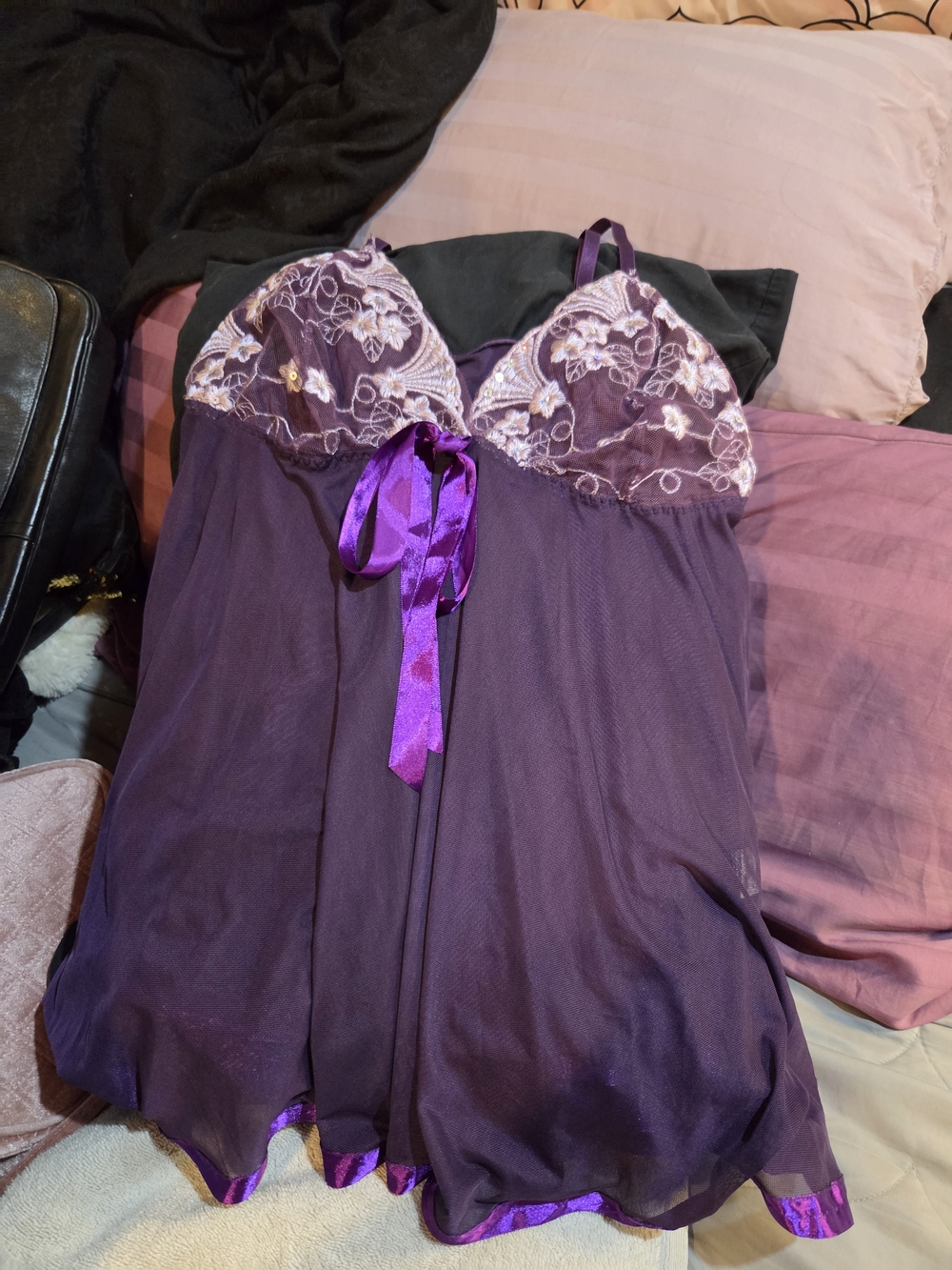 Purple Floral Lace Babydoll Chemise - Women Intimates